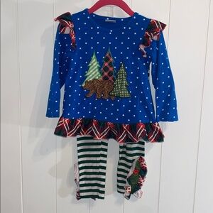 Blue Polka Dot Holiday Outfit with Bear and Tree Design